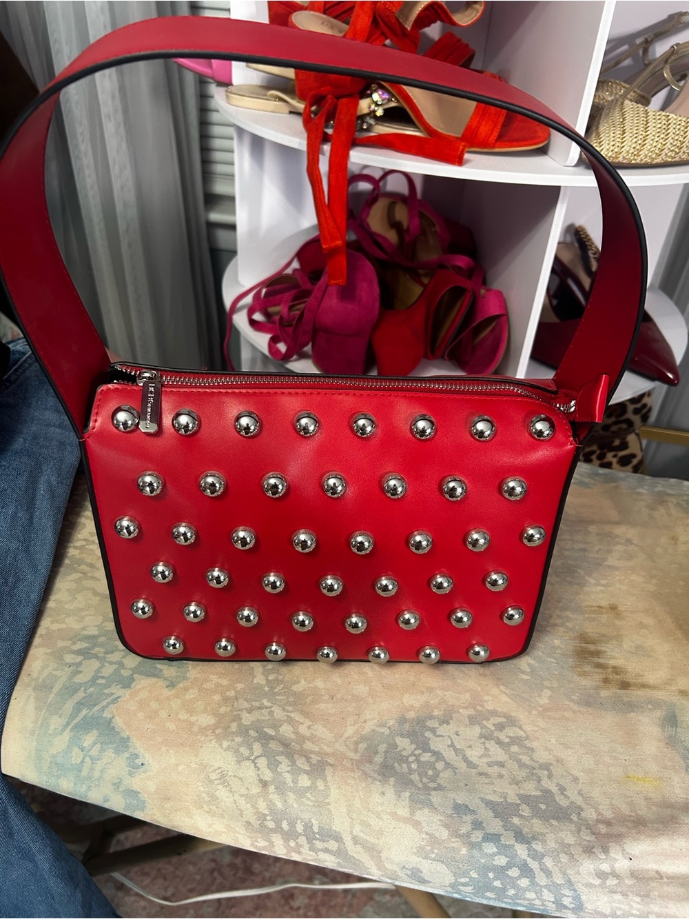 BCBGeneration Red Studded Shoulder Bag with Silver Accents